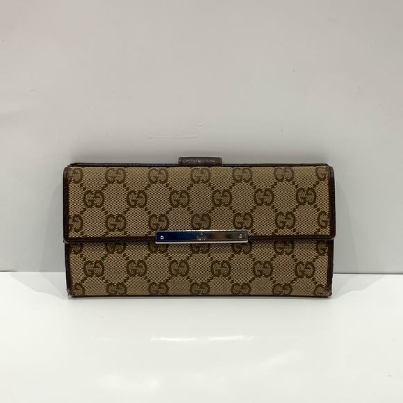 Gucci Brown GG Canvas Long Wallet Sku#85393 (Gently used, crack) - Picture 1 of 15